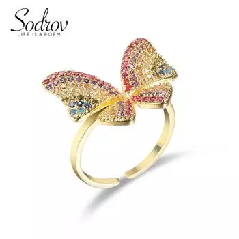 SODROV золотые радужные ювелирные изделия с насекомыми, большие красочные кольца с цирконом и бабочкой для женщин, открытое кольцо One size