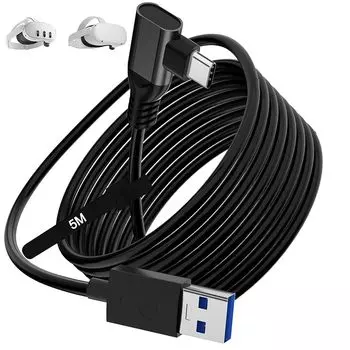 Соединительный кабель длиной 5 м, совместимый с Quest 3/2/1/Pro/Pico4, совместимый с гарнитурой Link VR, совместимый с L-образным разъемом USB-A и Type C, высокоскоростная передача данных 5 Гбит/с