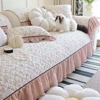 Sofa Cushion Cotton Fabric Thickened Non Slip Skirt Leather Sofa Cover Slipcover Pure Cotton Imperial Concubine Combination All Year Round Neutral A little fragrance 70x 70cm +20cm skirt