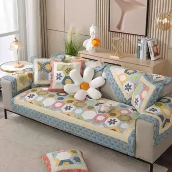 Sofa Cushion Fabric Cotton Non Slip Sofa Cushion Pastoral Flowers Pure Cotton All Year Round Neutral Minimalist Sofa Towel Slipcover Kaleidoscope Blue 45*45cm pillow case