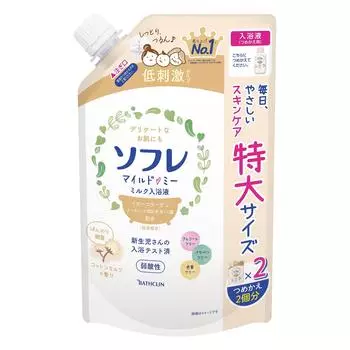 Sofre Mild Me Milk Bath Liquid Cotton Milk Scent Большая емкость 1200 мл Протестировано для купания новорожденных (Легкий Запах) (2 заправки)