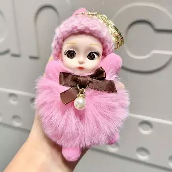 Soft And Sweet Plush Bigeyed Doll Keychain Accessory For Kids Gifts And Collectibles Pink Bow