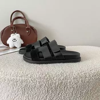 Soft-bottomed second uncle thick-bottomed cool slippers for women s summer outer wear high-end Velcro flat-bottomed soft-bottomed beach H half slipper 35