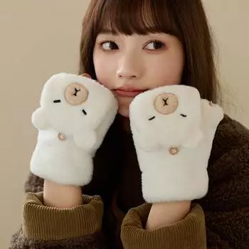Soft Capybara Plush Mittens Faux Rabbit Hair Half Finger Gloves Fashion Animal Flip Gloves Autumn белый