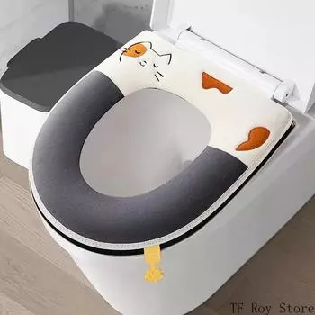 Soft Cartoon Cat Embroidery Toilet Seat Cover with Zipper Warmer Washable Toilet Mat Cover Pad Cushion Bathroom Accessories серый