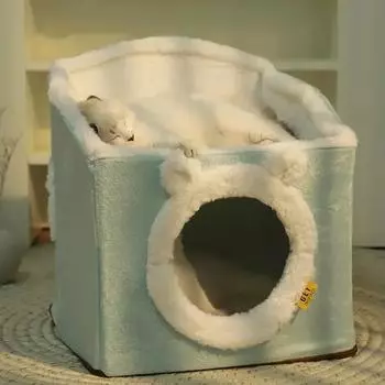 Soft Cat Bed Foldable Cat House Winter Warm Large Cat Cave with Fluffy Ball Hanging Cat Pet Deep Sleep House for Indoor