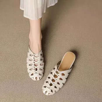 Soft cowhide retro woven hollow bag head half slippers women summer wear a pedal shoes cool slippers 35