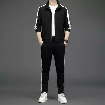 Мягкий эластичный слой, мужской двухсекционный костюм контрастного цвета со стоячим воротником, спортивный костюм для отдыха, размер плюс 4XL чёрный
