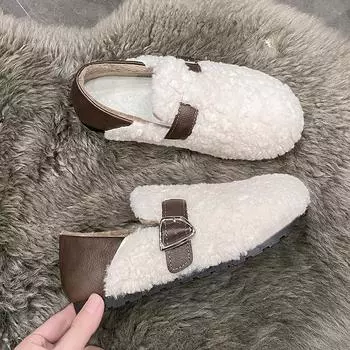 Soft Elegant Women Shoes Female Footwear Loafers Fur Fall Winter Mary Janes Rome Fabric Flat Basic Flock Luxury Shoes Women 35 бежевый