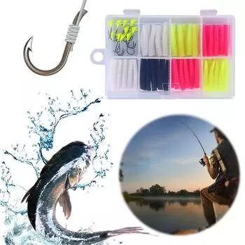 Набор мягких рыболовных приманок включает в себя 70 червей с разделенным хвостом и 10 крючков для ловли форели.