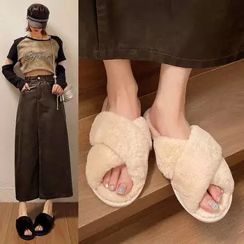 Soft Fluffy Fur Slippers New Women Winter House Warm Furry Slippers Women Flip Flops Home Slides Flat Indoor Floor Shoes 36 бежевый