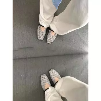 Soft fly-knitting~ Leather hollow-woven mesh single shoes women s summer new one-word strap flat Mary Jane sandals 35