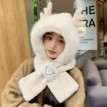 Soft Fur One Piece Hat Scarf Elk Antler Ear Protection Hat Cute Women Hooded Scarf Neckerchief розовый