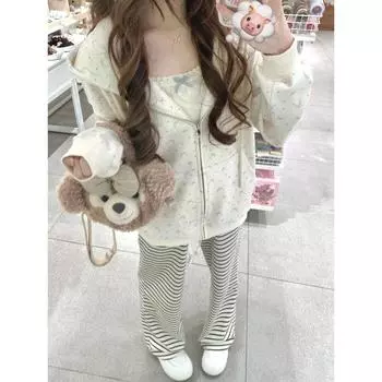 Soft Girl Sweet Hoodies Women Y2k Harajuku Kawaii top Bow Print Oversize Hooded Casual Top Coat S белый