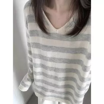 Soft Glutinous Contrast Color Stripes Knitwear V Neck Sweater Loose and Idle Loose Feeling Slim Looking Korean Gentle Autumn Tops Grey S