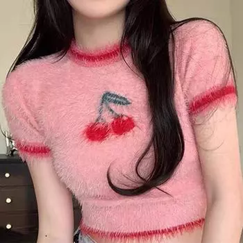 Soft Glutinous Mink-like Wool Cherry Sweater with Short Sleeves Knitwear Women s Autumn New Arrival Silm Short All-Match Sexy Bottoming Shirt Pink M