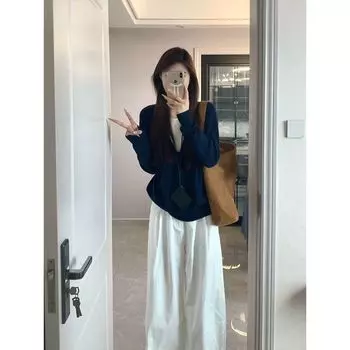 Soft Glutinous V-neck Blue Early Autumn Fake Two Pieces Sweaters Navy S