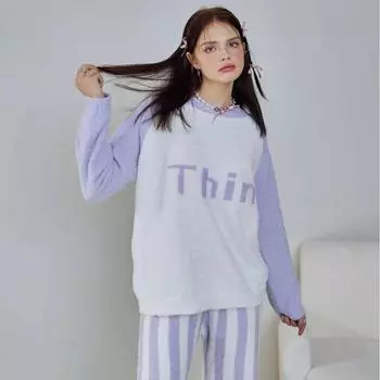 Soft Half Side Velvet Autumn and Winter New Dopamine Crewneck Striped Warm Home Clothes Pajamas Suit One Size