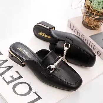Soft leather bag head half slippers women s spring and autumn sandals thick heel outer wear fashion Muller square head single shoes work shoes 35 чёрный
