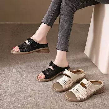 Soft leather casual half slippers women s thick soles 2025 summer new breathable one-word belt lightweight soft soles comfortable mother shoes 35