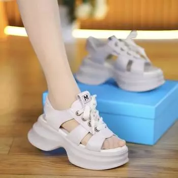 Soft leather cool boots muffin shoes, new soft-soled high-top sandals, thick-soled heightening with skirts, short boots, retro Roman fashion 35 белый