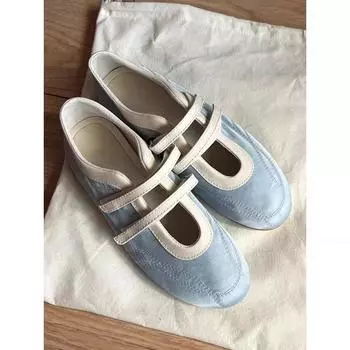 Soft Leather Edition~ Retro Round Head Velcro Flat Ballet Shoes Fashion Versatile Blue Light Mouth Mary Jane Single Shoes 35
