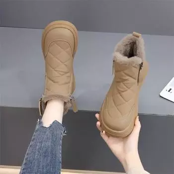 Soft leather flat-bottomed snow boots women s 2024 new winter velvet thickened non-slip short boots Northeast large cotton warm cotton shoes 35 хаки
