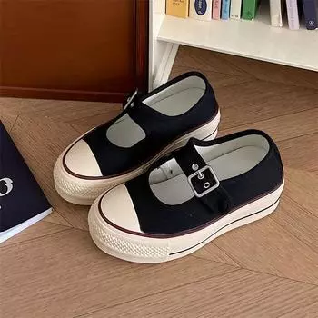 Soft leather flat heel retro shallow mouth Mary Jane canvas shoes new lazy one-word buckle versatile fashion women s shoes 35