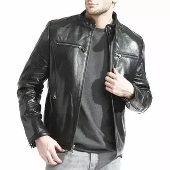 Мягкая кожаная куртка ручной работы, стильная, мужская, черная, из натуральной овчины, байкерская S чёрный