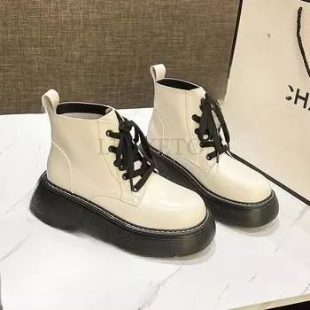 Soft Leather Lace Up British Thick Sole Increased Anti Slip Short Boots Plush Insulation Versatile Fashion Martin Boots 35 белый