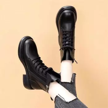Soft leather Martin boots women s autumn and winter 2024 new high-top flat-bottomed fashion versatile short boots British style shows small feet 35