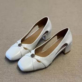 ~ Soft leather medium heel cool single shoes women s camellia thick heel square head shallow mouth versatile Mary Jane shoes 35