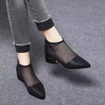 Soft Leather Mid-heel Women Sandals Hollow Out Breathable Comfortable Ladies Casual Sandals Pointed Toe Women Sandals 5 чёрный