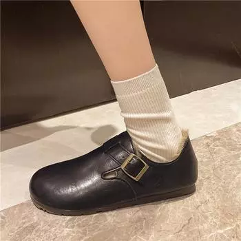 Soft leather retro beanie shoes women s 2024 winter velvet cotton shoes belt buckle versatile British warm small leather shoes 35 чёрный