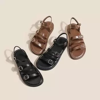 Soft leather Roman sandals female summer 2025 new outer wear fairy style retro open toe word with flat beach shoes 35 коричневый