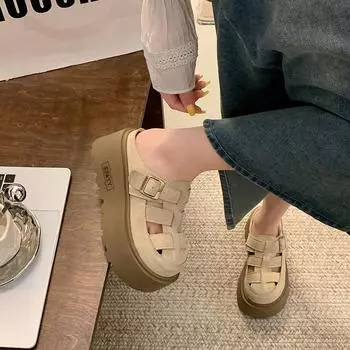 Soft leather Roman sandals women s spring and summer new casual thick-soled heightened bag head hollow women s outer bag head slippers 35 розовый