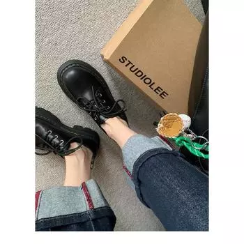 Soft leather round head thick sole heightening lace-up small leather shoes retro versatile thick heel single shoes Oxford shoes 35