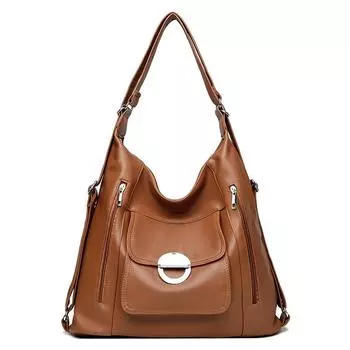 Soft Leather Shoulder Bag Women s Large Capacity Tote Bag Travel Backpack коричневый