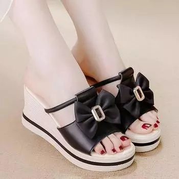 Soft leather slippers 2025 summer new one-word soft-soled thick-soled non-slip outer wear bow fashion beach shoes sandals 35