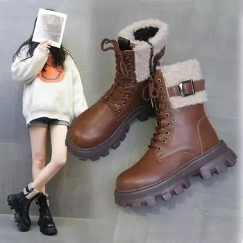 Soft leather velvet cotton boots women s 2025 winter new retro thick-soled black short boots muffin bottom fluffy boots Martin boots 35 чёрный