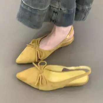 Soft leather version~ French retro bow hollow sandals, one-pedal pointed temperament with skirt wedge heel bag head shoes 35