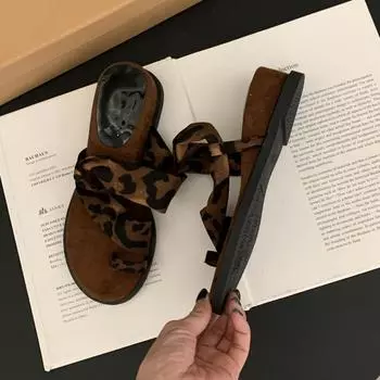 Soft leather version~ French retro fairy style vacation with skirt cool slippers female round head with simple Roman shoes 35