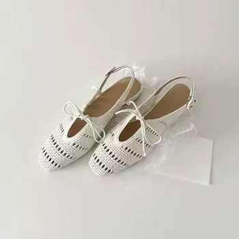Soft leather version~ French woven hollow bag head sandals one-word buckle with bow thick heel vacation Roman shoes women 35