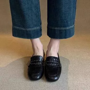 Soft leather version retro loafers women s British style small single shoes one pedal lazy shoes commuter flat shoes 35 белый