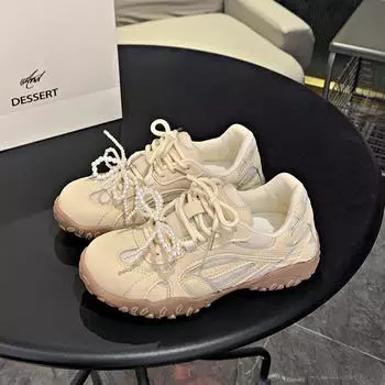 Soft leather version~ Su Yinyin s same crescent bottom lace pearl mandarin duck belt platform casual sports shoes for women 35