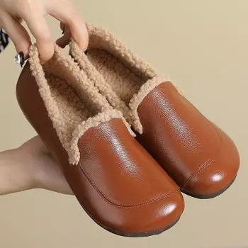 Soft leather winter velvet beanie shoes women s soft-soled leather shoes one pedal fluffy shoes large size mother shoes flat-soled versatile 35 чёрный