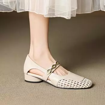 Soft leather woven mesh hole shoes spring and autumn models square head thick heel one-word buckle metal hollow 35