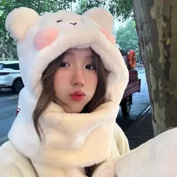 Soft Plush Bear Hat Gloves Warm Blusher Bear Scarf Cartoon Winter бежевый