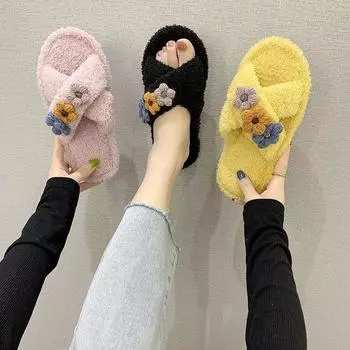 Soft Plush Cotton Cute Slippers Shoes Couple Unisex Non-Slip Floor Indoor Home Furry Slippers Women Shoes For Bedroomdf4 36 чёрный