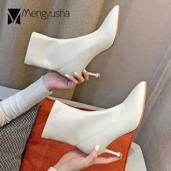 Soft Pu leather chelsea botte luxe femme winter slip on slim mid-calf boots women pointed toe stiletto high heels riding botas 4.5 бежевый
